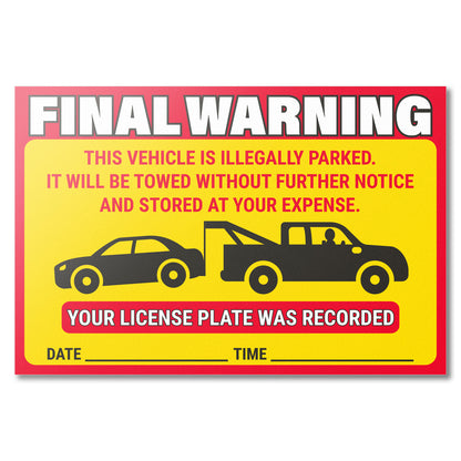 9 x 6 inch | Parking Violation: Final Warning! Vehicle is Illegally Parked Stickers