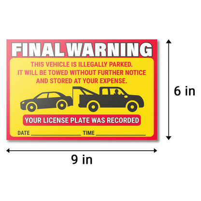 9 x 6 inch | Parking Violation: Final Warning! Vehicle is Illegally Parked Stickers